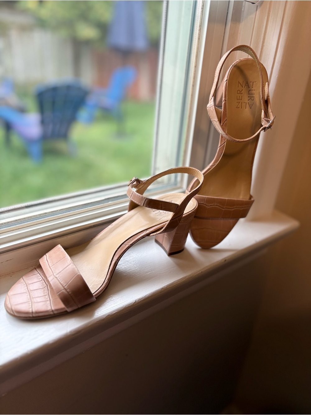 Naturalizer Peachy Nude Croc-Embossed Block Heel Sandals